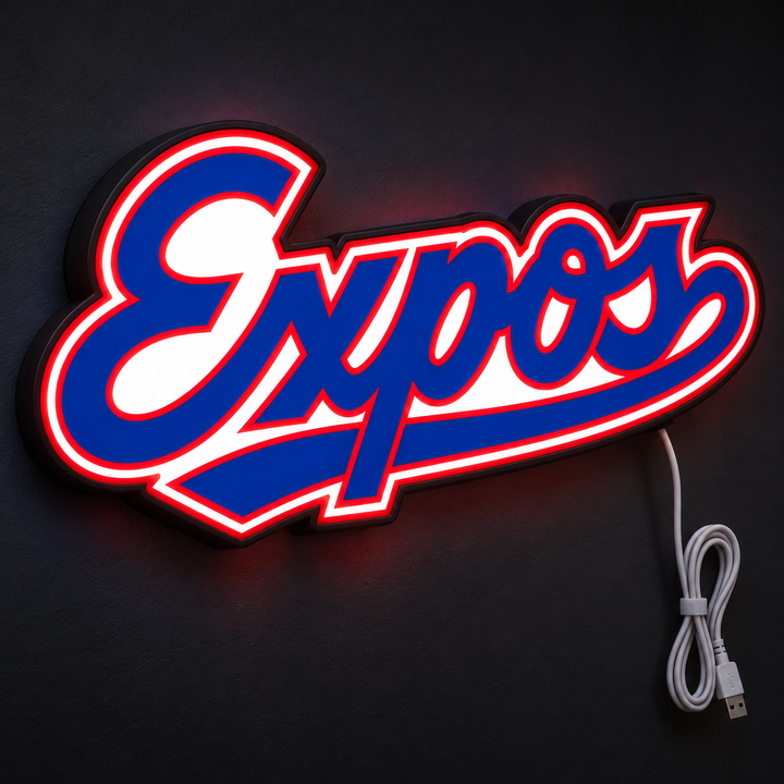 Montreal Expos Expos jersey-script LED sign glowing on a dark wall