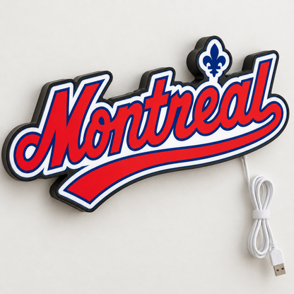 Montreal Expos Montreal jersey-script LED sign displayed on a light wall