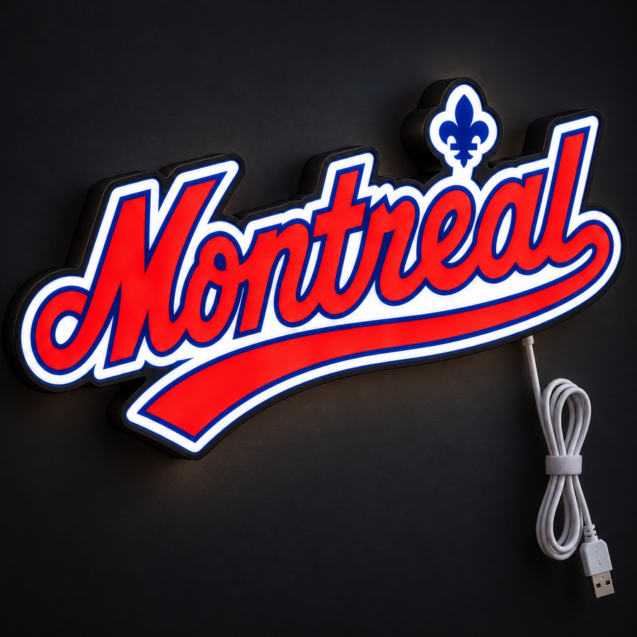 Montreal Expos Montreal jersey-script LED sign glowing on a dark wall