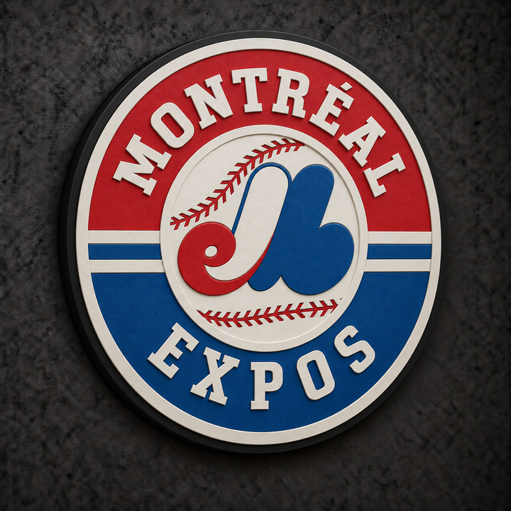 Montreal Expos Retro 3D Plaque with raised layered artwork on a dark charcoal wall