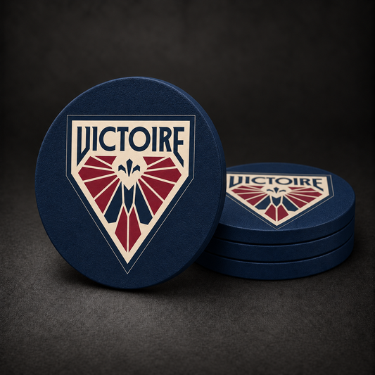Montréal Victoire Drink Coasters with navy blue sides, three stacked and one standing on a dark charcoal background