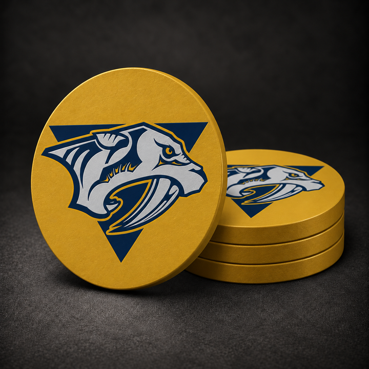 Nashville Predators Drink Coasters – three stacked plus one standing