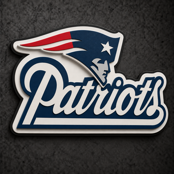New England Patriots 3D Plaque with raised layered artwork on a dark charcoal wall