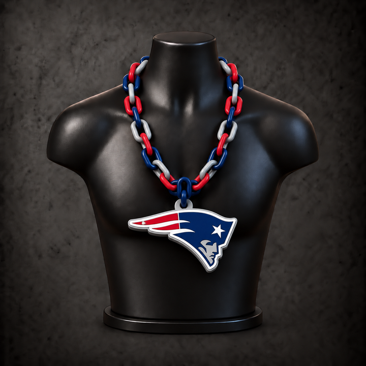 New England Patriots Classic Hype Chain - deep navy blue / red / silver gray chain on black display bust