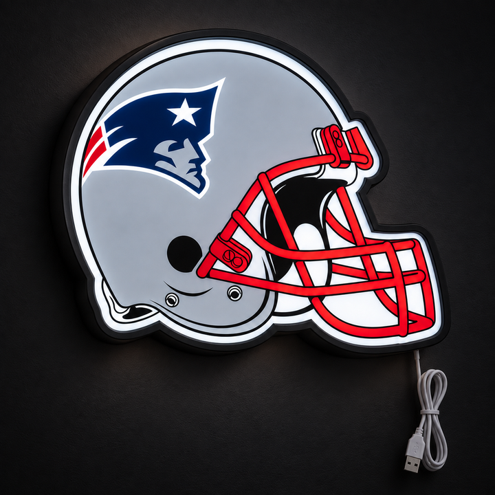 New England Patriots Helmet LED Sign illuminated at night