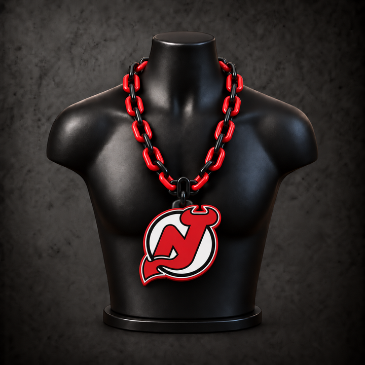New Jersey Devils Classic Hype Chain with alternating black / red links on a black display bust