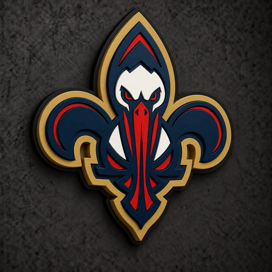 New Orleans Pelicans 3D Plaque with raised layered artwork on a dark charcoal wall