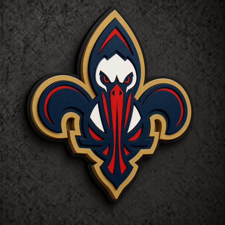 New Orleans Pelicans 3D Plaque with raised layered artwork on a dark charcoal wall