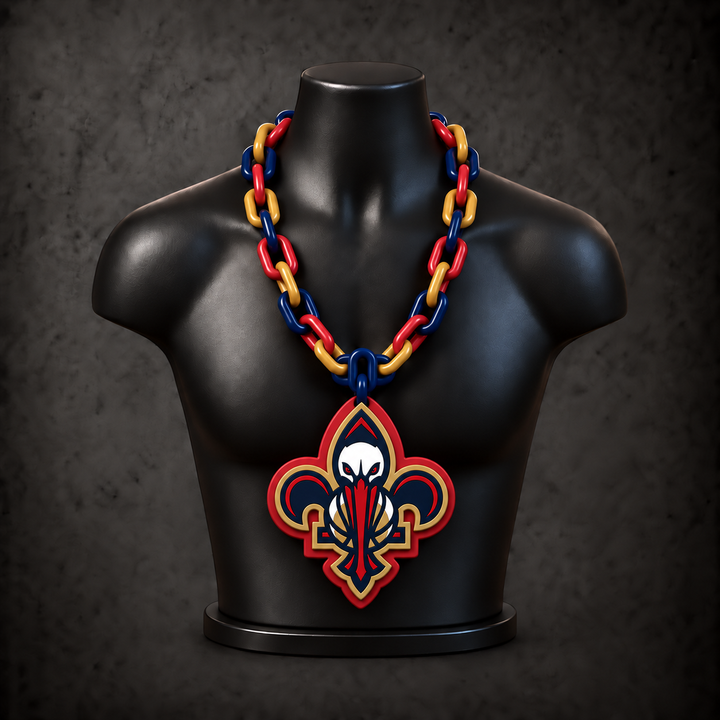 New Orleans Pelicans Classic Hype Chain - deep navy blue / antique gold / deep red chain on black display bust