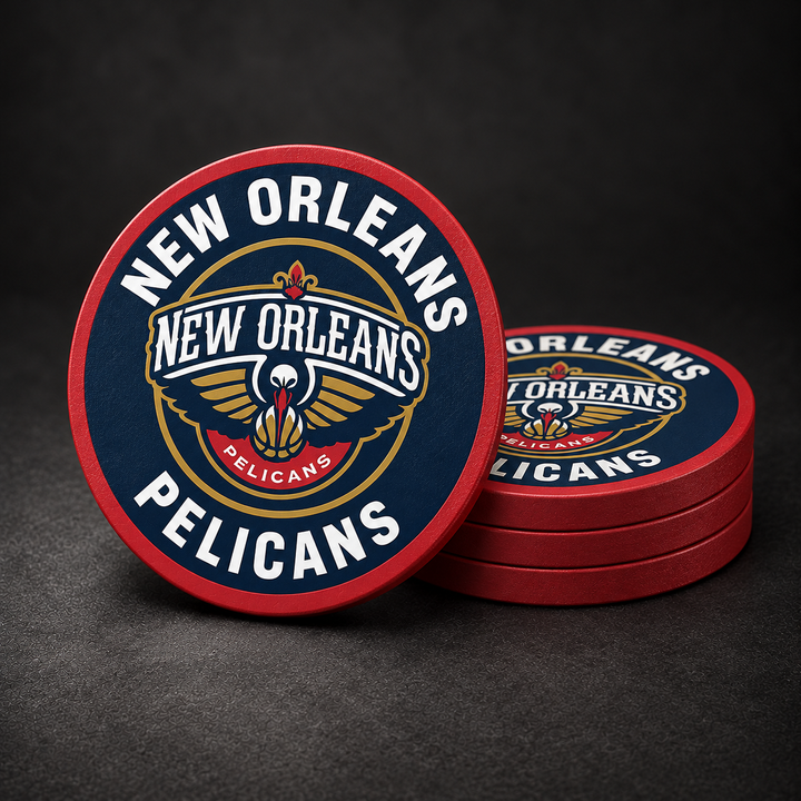 New Orleans Pelicans Drink Coasters with red sides, three stacked and one standing on a dark charcoal background
