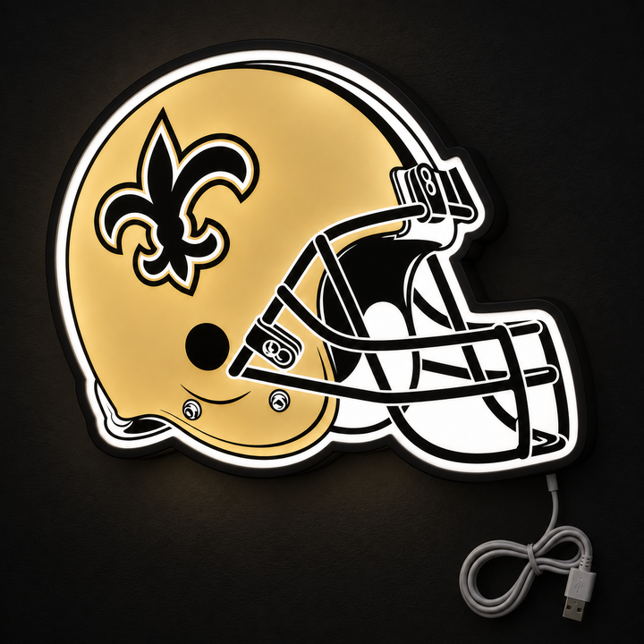 New Orleans Saints Helmet LED Sign illuminated at night
