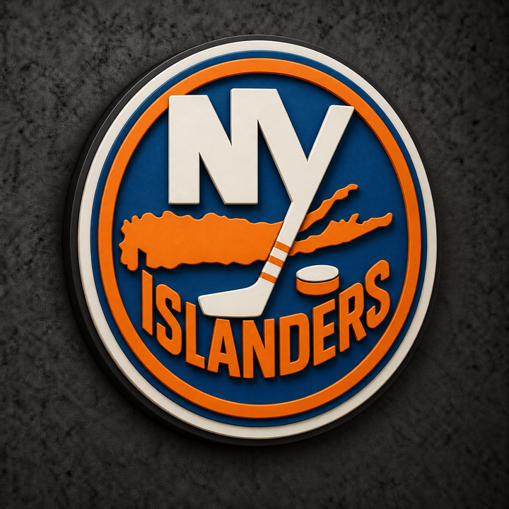 New York Islanders 3D Plaque with raised layered artwork on a dark charcoal wall