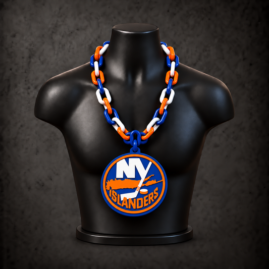 New York Islanders Classic Hype Chain with alternating blue / orange / white links on a black display bust
