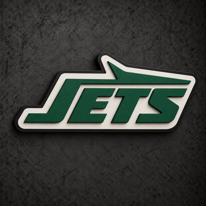 New York Jets 3D Plaque with raised layered artwork on a dark charcoal wall