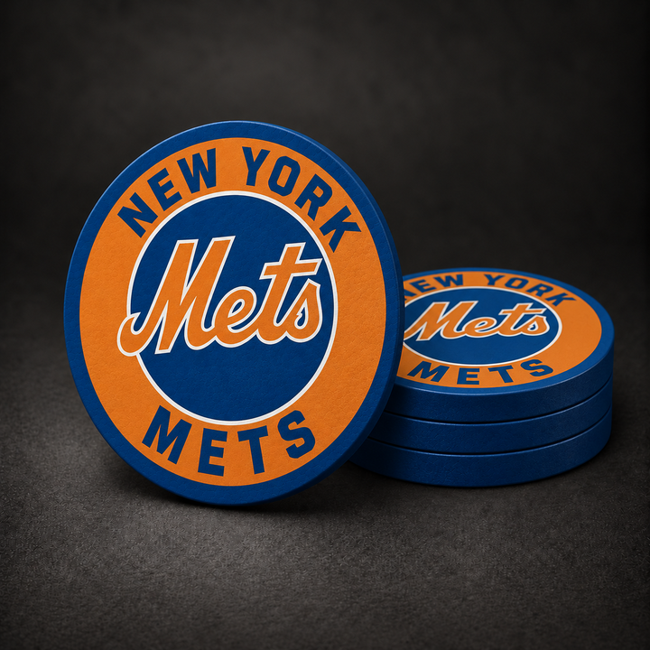 New York Mets Drink Coasters with blue sides, three stacked and one standing on a dark charcoal background