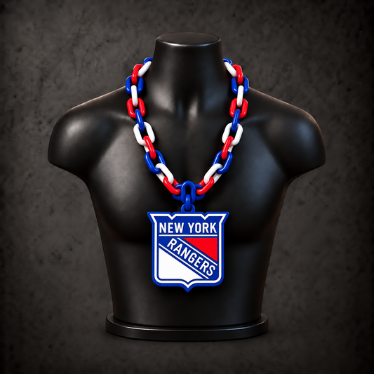 New York Rangers Classic Hype Chain with alternating blue / red / white links on a black display bust