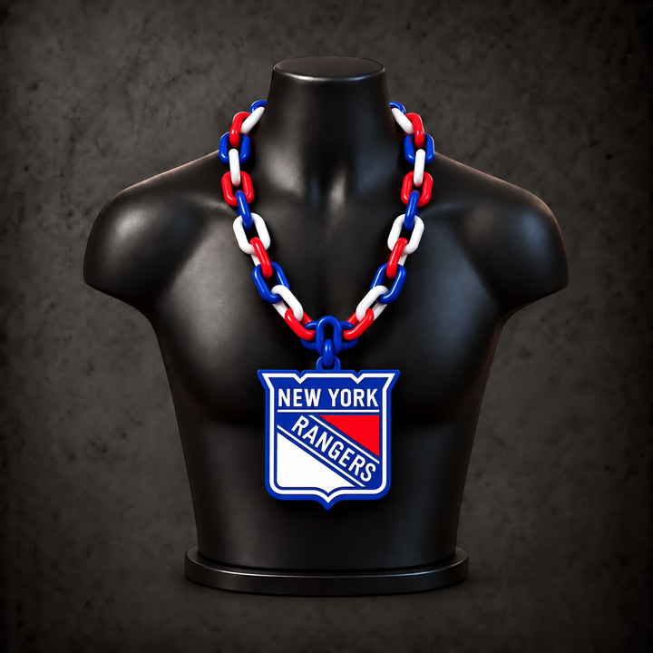New York Rangers Classic Hype Chain with alternating blue / red / white links on a black display bust