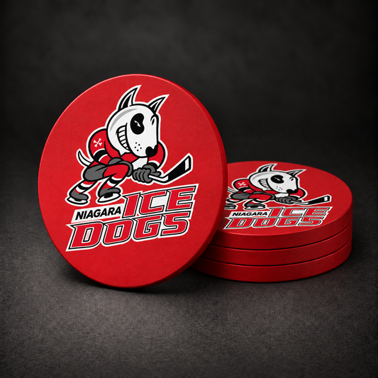 Niagara IceDogs Drink Coasters with supplied team logo and red sides, three stacked and one standing on a dark charcoal background
