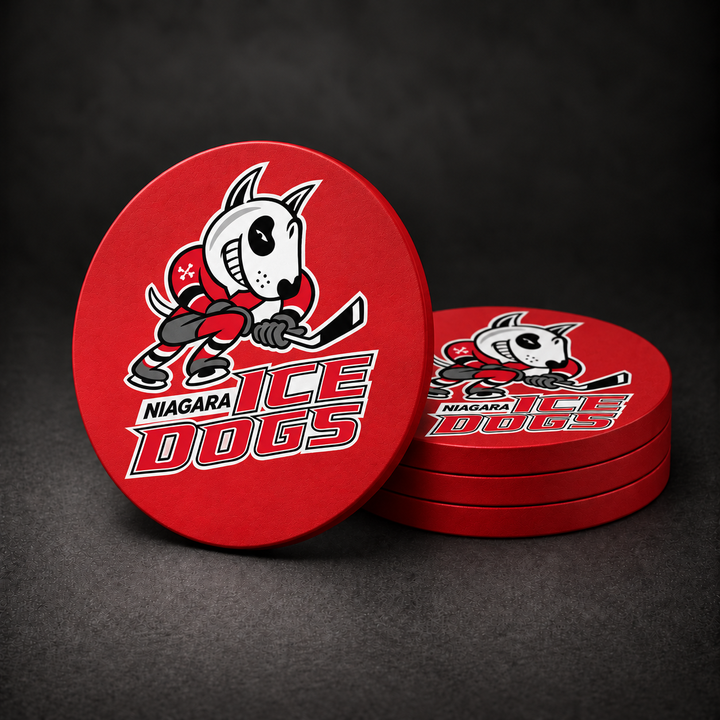 Niagara IceDogs Drink Coasters with supplied team logo and red sides, three stacked and one standing on a dark charcoal background