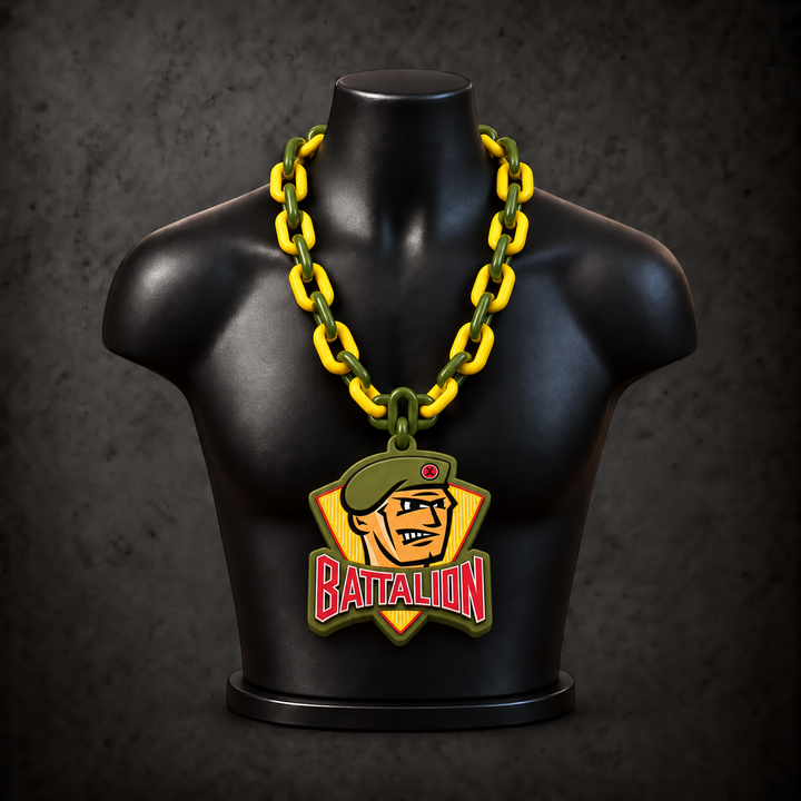 North Bay Battalion Classic Hype Chain - olive green / golden yellow chain on black display bust