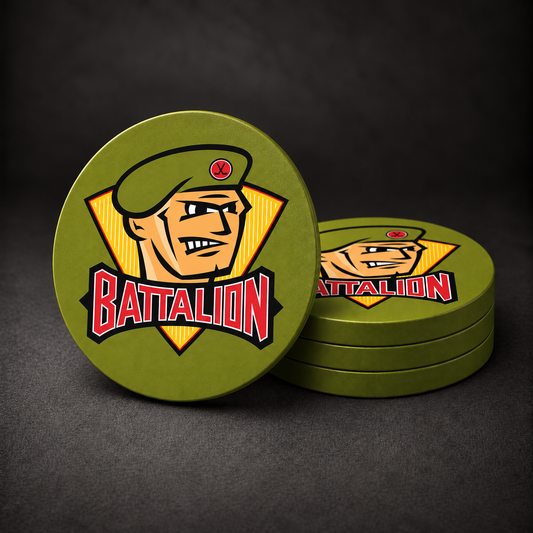 North Bay Battalion Drink Coasters with olive green sides, three stacked and one standing on a dark charcoal background