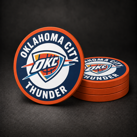 Oklahoma City Thunder Drink Coasters with orange sides, three stacked and one standing on a dark charcoal background