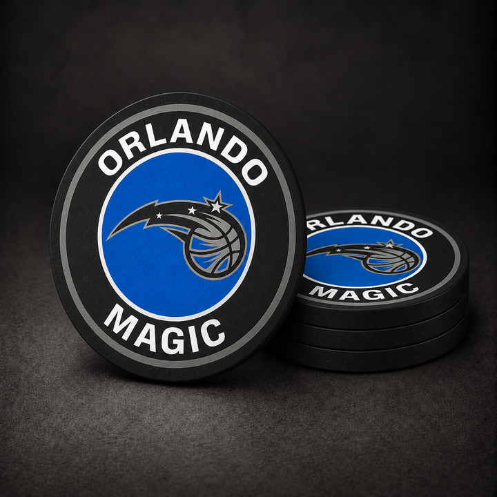 Orlando Magic Drink Coasters with black sides, three stacked and one standing on a dark charcoal background
