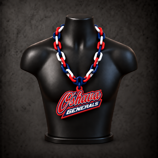 Oshawa Generals Classic Hype Chain - deep navy blue / red / white chain on black display bust