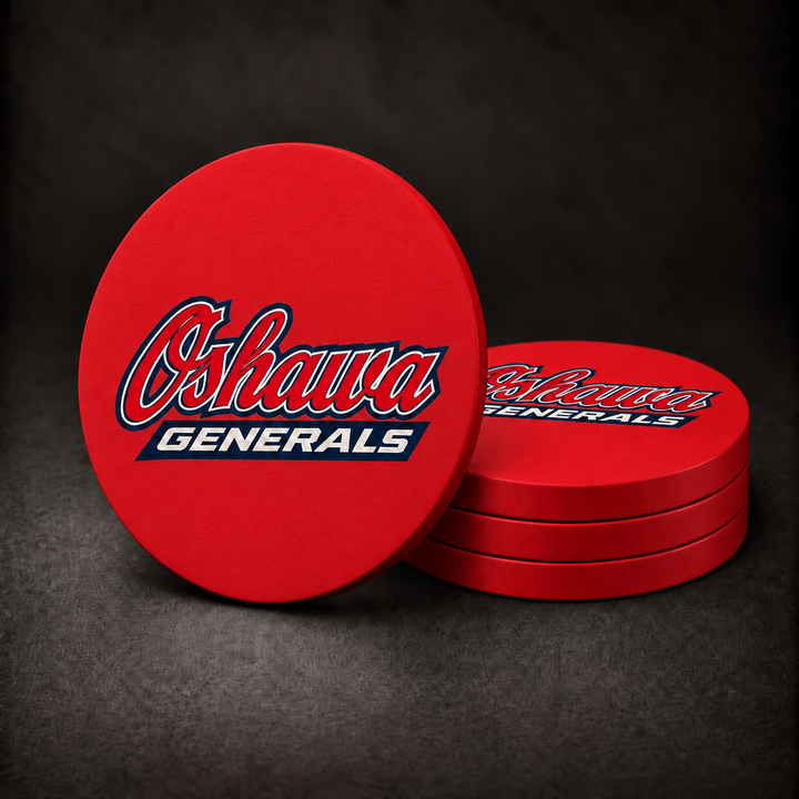 Oshawa Generals drink coasters with centred logo, solid red faces and sides, three stacked and one standing on a dark charcoal background