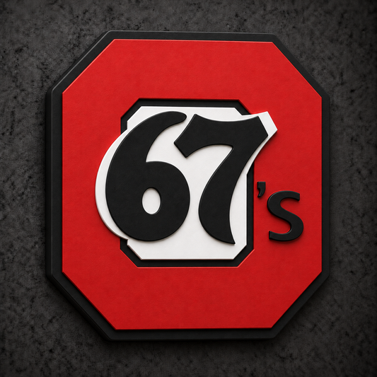 Ottawa 67's 3D Plaque with raised layered artwork on a dark charcoal wall