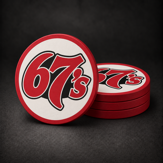 Ottawa 67's Drink Coasters with red sides, three stacked and one standing on a dark charcoal background