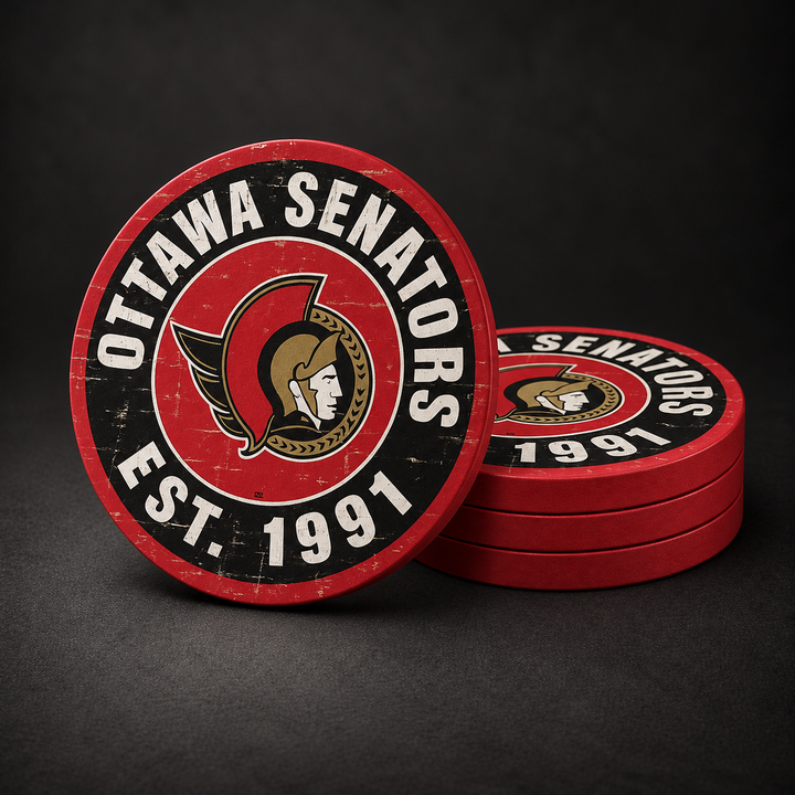 Ottawa Senators Drink Coasters with red sides, three stacked and one standing on a dark charcoal background