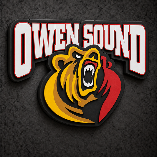 Owen Sound Attack 3D Plaque with raised layered artwork on a dark charcoal wall