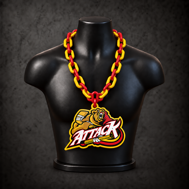 Owen Sound Attack Classic Hype Chain - red / golden yellow chain on black display bust