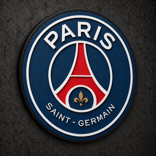 Paris Saint-Germain 3D Plaque with raised layered artwork on a dark charcoal wall