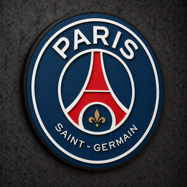 Paris Saint-Germain 3D Plaque with raised layered artwork on a dark charcoal wall