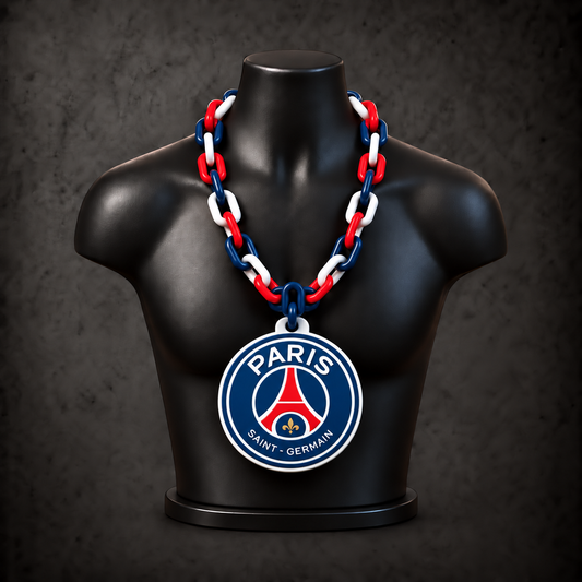 Paris Saint-Germain Classic Hype Chain with navy blue, red, white alternating plastic links on a black display bust