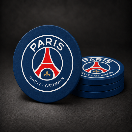 Paris Saint-Germain Drink Coasters with navy blue sides, three stacked and one standing on a dark charcoal background