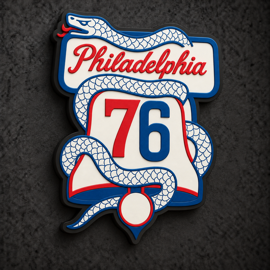 Philadelphia 76ers 3D Plaque with raised layered artwork on a dark charcoal wall