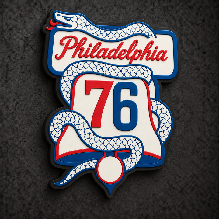 Philadelphia 76ers 3D Plaque with raised layered artwork on a dark charcoal wall