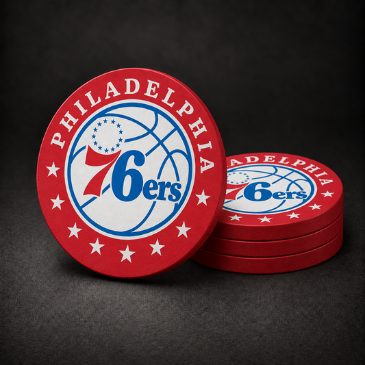Philadelphia 76ers Drink Coasters with red sides, three stacked and one standing on a dark charcoal background