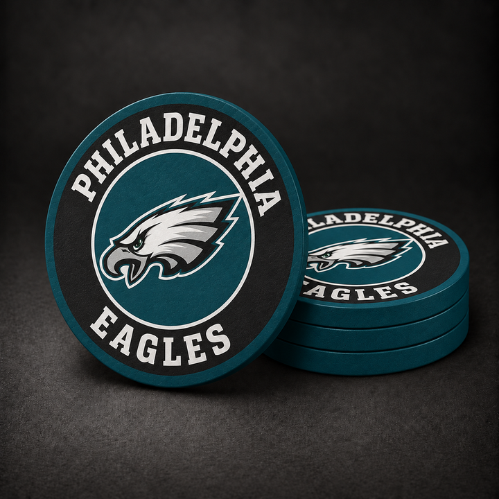 Philadelphia Eagles Drink Coasters with deep teal sides, three stacked and one standing on a dark charcoal background