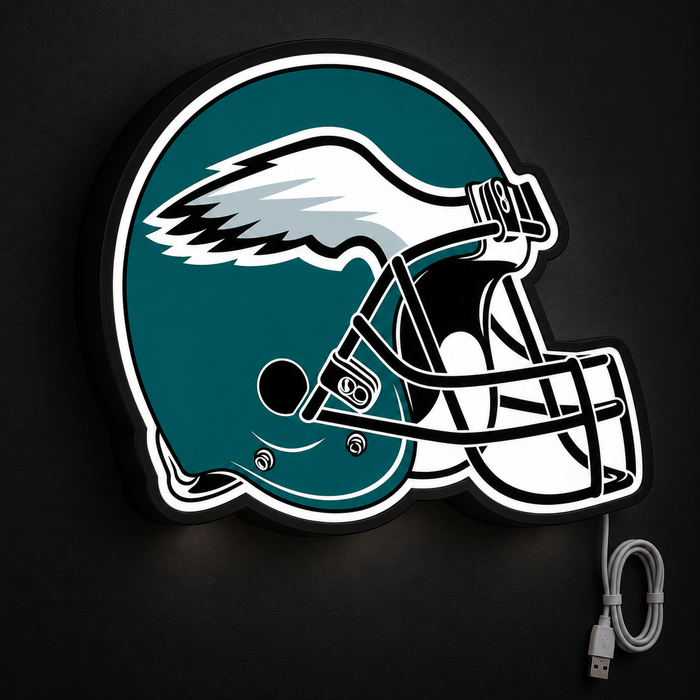 Philadelphia Eagles Helmet LED Sign illuminated at night