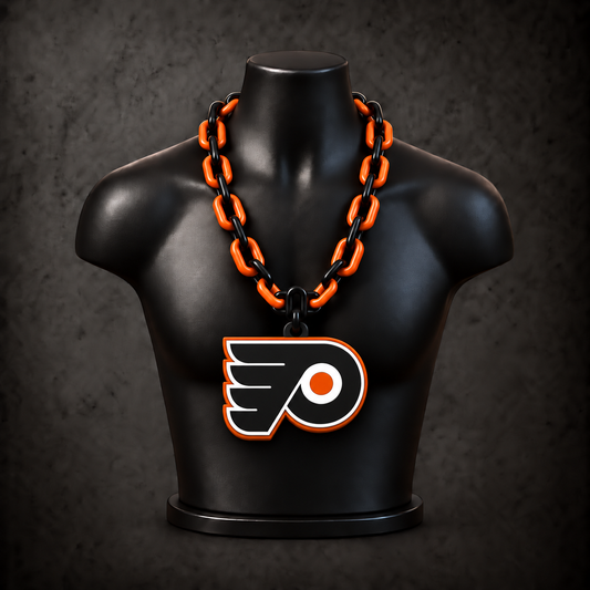 Philadelphia Flyers Classic Hype Chain with alternating black / orange links on a black display bust