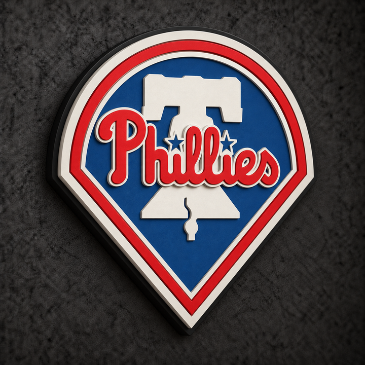 Philadelphia Phillies 3D Plaque with raised layered artwork on a dark charcoal wall