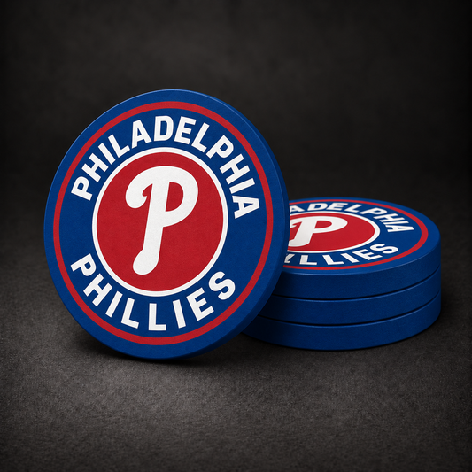 Philadelphia Phillies Drink Coasters with blue sides, three stacked and one standing on a dark charcoal background