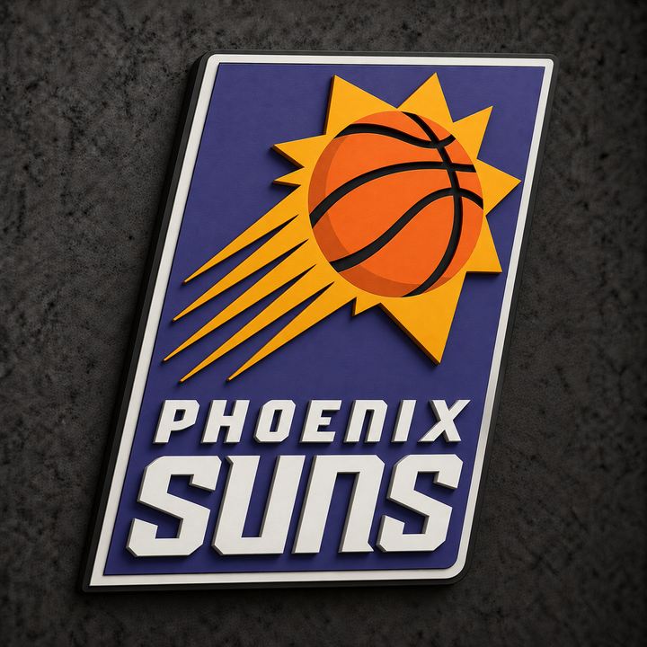 Phoenix Suns 3D Plaque with raised layered artwork on a dark charcoal wall