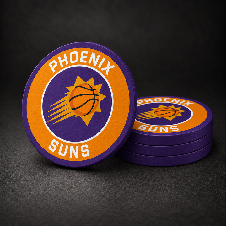 Phoenix Suns Drink Coasters with purple sides, three stacked and one standing on a dark charcoal background
