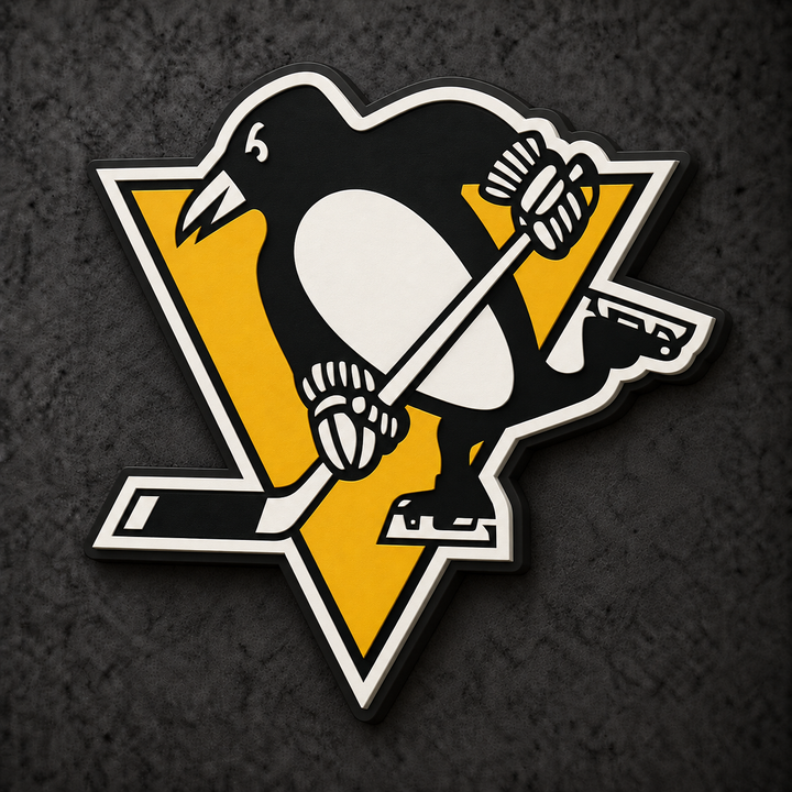 Pittsburgh Penguins 3D Plaque with raised layered artwork on a dark charcoal wall