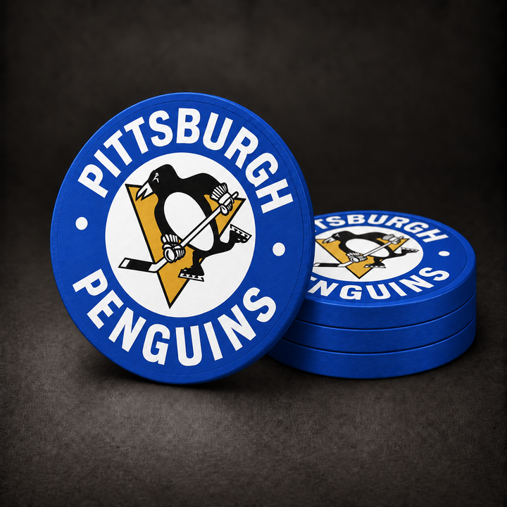 Pittsburgh Penguins Drink Coasters with royal blue edges and sides, three stacked and one standing on a charcoal background